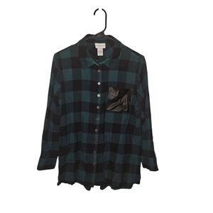 Soft Surroundings Button Down Shirt-Women-Petite Small-Green/Black Buffalo Plaid